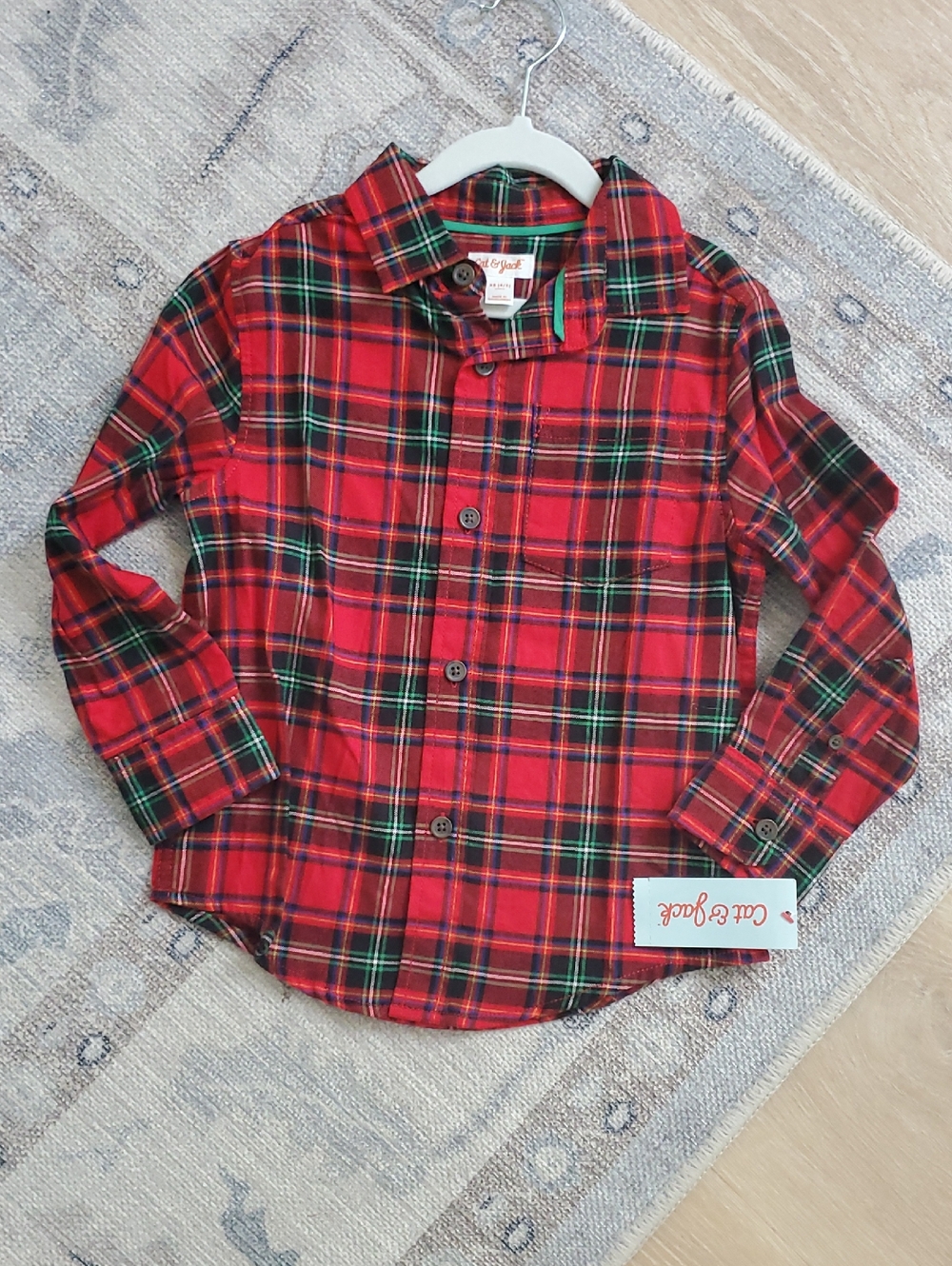 NWT Cat & Jack 100% Cotton Button-up Shirt Red Green Blue Plaid SzXS (4/5).